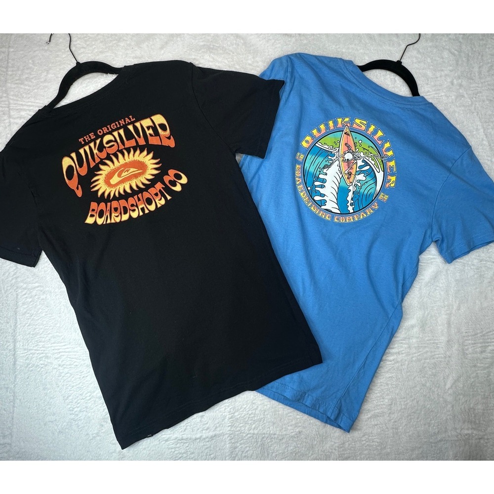 Quiksilver Graphic T-Shirts Youth XL Black Blue Lot of 2 Surfboard Sun Logo